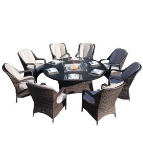 Direct Wicker Outdoor 9 Piece Patio Wicker Gas Fire Pit Set Round Table With Arm Chairs by Direct Wicker - brown