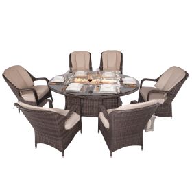 Direct Wicker Outdoor 7-Piece Patio Wicker Gas Fire Pit Dining Set with Arm Chairs - brown