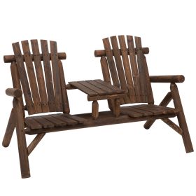 Outsunny 2-Seat Wooden Adirondack Chair, Patio Bench with Table, Outdoor Loveseat Fire Pit Chair for Porch, Backyard, Deck, Carbonized - as Pic