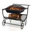 Outdoor Wood Burning Fire Pit with Log Storage Rack and Wheels - Black